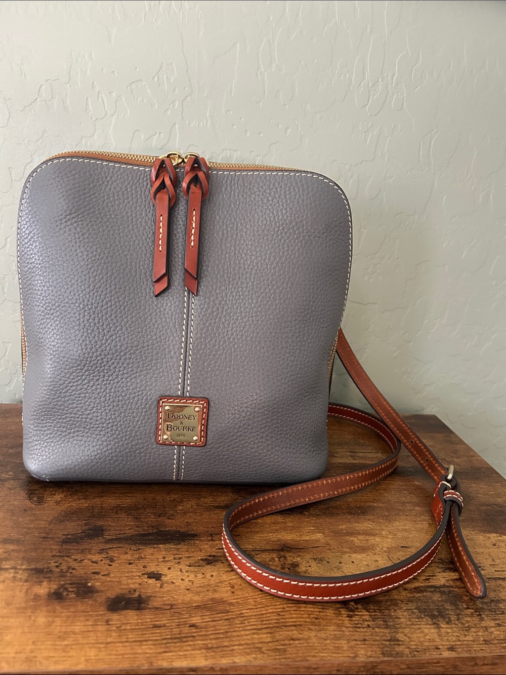 Dooney & Bourke Gray Pebbled Leather Trixie Crossbody with Brown Trim and Strap